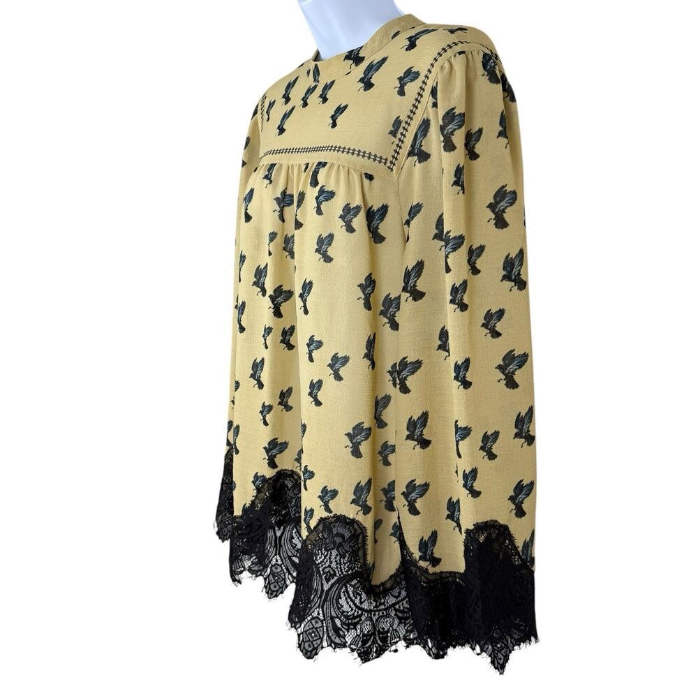 Max Studio Top Women Tan Black Lace Trim Crow Print Whimsigoth Witchy Boho Sheer - Picture 6 of 13